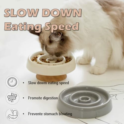 Ceramic Cat Slow Feeder, Raised Slow Feeder Cat Bowl, Anti Vomiting and Whisker Friendly Kitty Dish, Elevated Puppy Kitten Food Bowl for Dry and Wet Food (White) - Image 3
