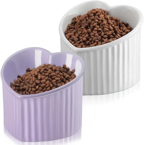 Mumufy 2 Pcs Ceramic Elevated Cat Bowls Tilted Elevated Raised Pet Bowls Anti Vomit Cat Dish for Indoor Stress Free Water Dish Feeder for Puppies, Heart Shaped(White, Purple) by Mumufy