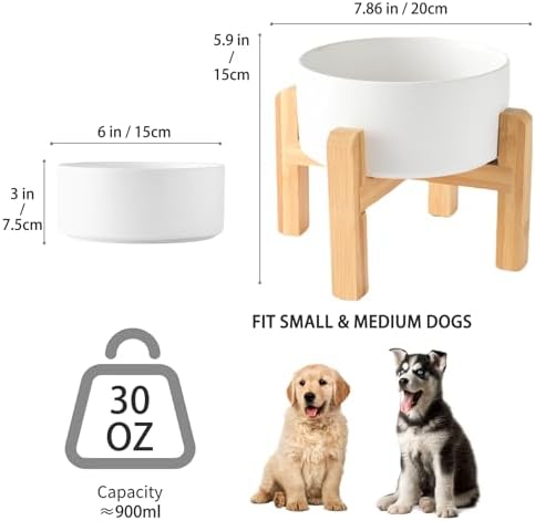 6'' Ceramic Raised Dog Bowl - 30Oz Dog Food & Water Bowl with Elevated Non-Slip Bamboo Stand, Dishwasher & Microwave Safe, Anti Vomiting Heavy Duty Pet Bowl for Small and Medium Dogs, White - Image 3