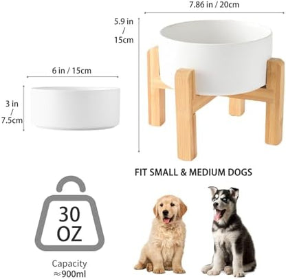 6'' Ceramic Raised Dog Bowl - 30Oz Dog Food & Water Bowl with Elevated Non-Slip Bamboo Stand, Dishwasher & Microwave Safe, Anti Vomiting Heavy Duty Pet Bowl for Small and Medium Dogs, White - Image 3