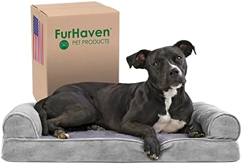 Furhaven Memory Foam Dog Bed for Medium/Small Dogs w/ Removable Bolsters & Washable Cover, For Dogs Up to 35 lbs - Faux Fur & Velvet Sofa - Smoke Gray, Medium by FurHaven