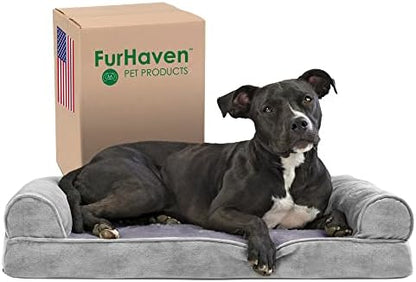 Furhaven Memory Foam Dog Bed for Medium/Small Dogs w/ Removable Bolsters & Washable Cover, For Dogs Up to 35 lbs - Faux Fur & Velvet Sofa - Smoke Gray, Medium by FurHaven