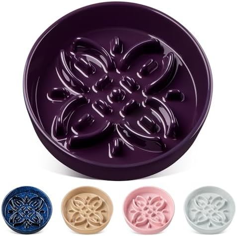 vancasso Ceramic Slow Feeder Dog Bowls, Puzzle Dog Food Bowls with Floral Maze, Anti -Slip Pet Food Dish for Medium Breed, 1.5 Cups, Purple by vancasso