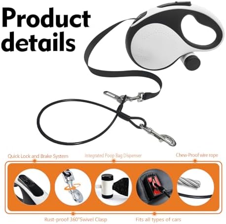 26Ft Retractable Dog Leash with Chew Proof Cable,Heavy Duty Dog Leash with Removable Poop Bags for Medium Large Dogs up to 110lbs,Strong Nylon Tape No Tangle,One-Handed Brake (White) - Image 3