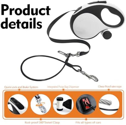 26Ft Retractable Dog Leash with Chew Proof Cable,Heavy Duty Dog Leash with Removable Poop Bags for Medium Large Dogs up to 110lbs,Strong Nylon Tape No Tangle,One-Handed Brake (White) - Image 3