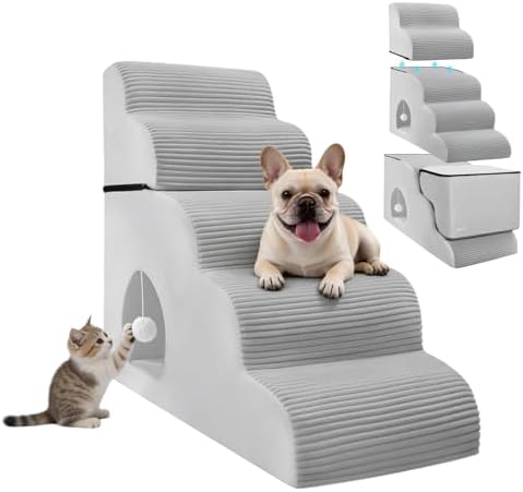 Dog Stairs for High Beds Up to 30" H with Tunnel,Extra Height 27.5" 5-Step Pet Steps for Small Dogs and Cats, Non-Slip Sturdy Dog Ramp with Anti-Tip Safety Strap and Removable Cover by KASBAH