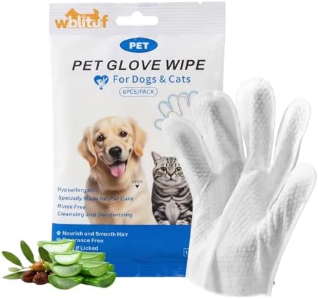 Pet Cleaning Gloves (6 Count) | Extra Thick Disposable Grooming Gloves with Aloe & Jojoba Oil, Waterless No-Rinse Odor Control, Lick-Safe Five-Finger Design for Cats & Dogs by WBLITUF
