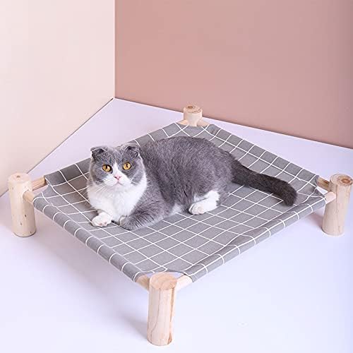 Pozico Elevated Cat Bed for Small Dogs & Cats – Raised Pet Hammock Bed, Wooden Frame Indoor Outdoor Dog Cot, Breathable Mesh Puppy Bed, Portable Cat Lounger – Grey Grid - Image 4