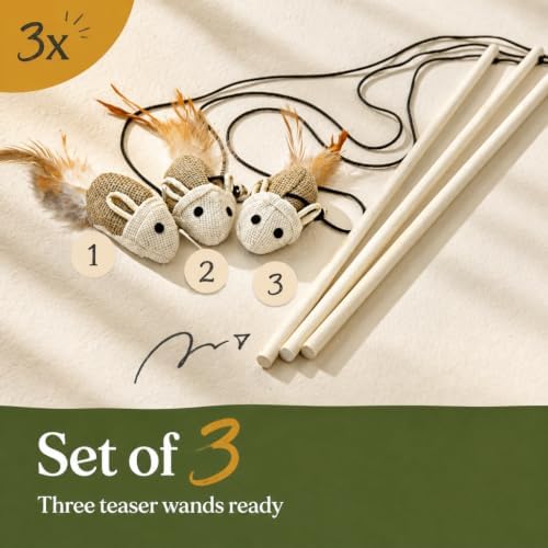 Cat Kitten Teaser Wand Toys, Sisal with Mouse, Bell, Feather, Elastic String, Sturdy Wood Stick, Interactive Fun, Cat Catcher Mice for Pet, Set of 3 - Image 2