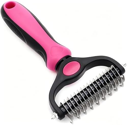 Pet Grooming Rake for Dogs & Cats - Double-Sided Deshedding and Dematting Tool, Gently Remove 95% of Loose Undercoat & Mats for Long-Haired Pets, Painless Fur Brush for Shedding Control (Pink) by AKEISHE
