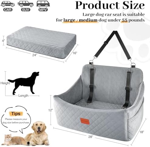 Wooaidagg Dog Car Seat for Medium & Large Dogs Up to 55lbs, Memory Foam Cushion, Washable Cover, Safety Straps & Non-Slip Base(Grey,Large) - Image 3