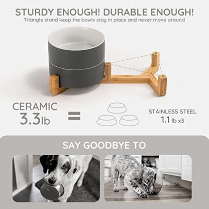 SPUNKYJUNKY Ceramic Dog and Cat Bowl Set with Wooden Stand, Modern Cute Weighted Food Water Set for Small Size Dogs (13.5OZ) & Medium Sized Dogs (28.7OZ) & Cats (1.7 Cups, 2 × White-Gray) - Image 4