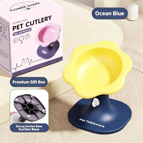 Elevated Pet Bowl with Stand, Flower Shape, Adjustable Height, Cat Dog Food Water Dis (Yellow Blue) - Image 3