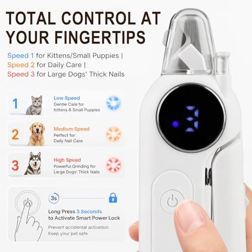 2-in-1 Dog Nail Clippers and Grinder, Electric Nail Trimmer for Small Medium Large Dogs and Cats with 3 Speeds, Rechargeable, Splash Guard & Safety Lock, Painless Grooming Tool (White) - Image 3