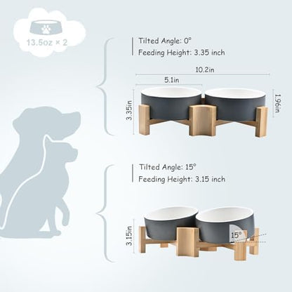 SPUNKYJUNKY 15° Slanted Ceramic Dog and Cat Bowl with Wooden Stand, Tilted Bulldog Food and Water Bowl No Slip Non-Spill for Cats Medium Dogs Big Face Pets 13.5 OZ (1.7 Cups, White-Grey × 2) - Image 4