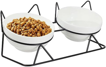 Elevated Tilted Cat Bowls for Indoor Cats，Raised Ceramic Cat Bowl Elevated 15°,Pet Feeding Bowls for Food and Water Anti Vomiting Bowl(Double Ceramics and Tilt Shelf) Suitable by MCSAPIL
