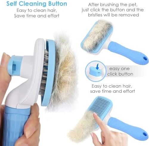 Generic Pet Grooming Brush, Blue - Self Cleaning Hair Brush for Dogs and Cats, Removes Loose Undercoat, Bristles with Massage Particles, Ergonomic Handle, For Long or Short Hair Breeds - Image 4