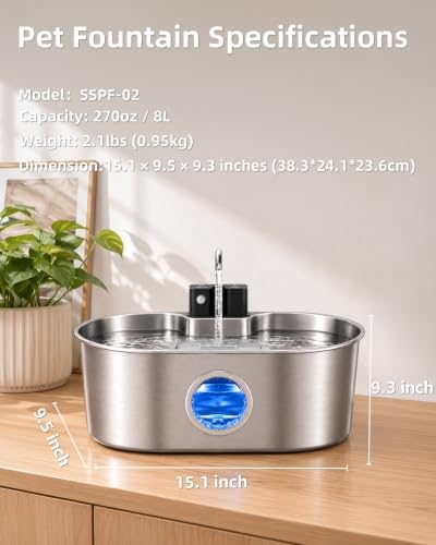 8L/270oz Cordless Stainless Steel Dog Water Fountain Pet Fountain - Image 3