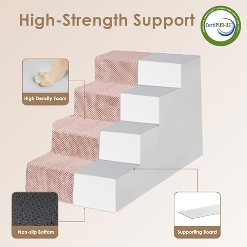 EHEYCIGA Dog Stairs for Bed 20" H, 4-Step Extra Wide Dog Steps, Pink - Image 3