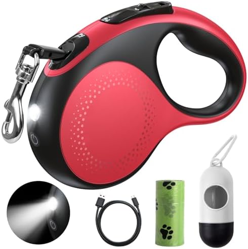 Retractable Dog Leash with Led Light, Douexio 16ft Heavy Duty Dog Leash Retractable for Medium Large Dogs Up to 110lbs,360° Tangle-Free, One-Button Control, High Strength Hook (Red, 66-110lbs) by Douexio