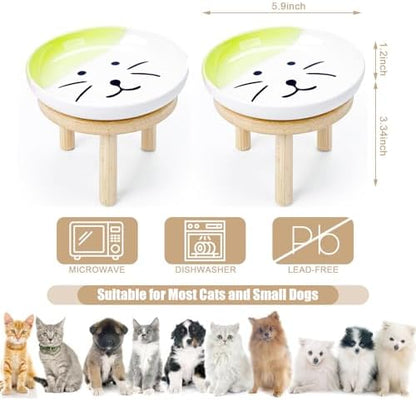 Shallow Elevated Cat Bowls with Bamboo Stand, 5.9 Inch Wide Ceramic Cat Dish Whisker Friendly, 2 Pack Pet Food and Water Plates - Image 2