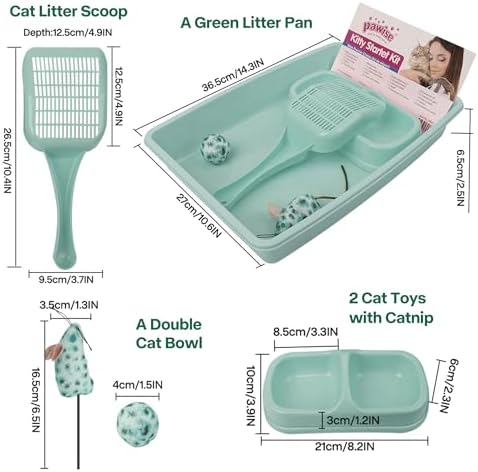 PAWISE Small Cat Litter Box,14.3 x 10.6 x 2.5 Kitten Litter Box Starter Kit,Low Entry Baby Kitten Training Litter Box with Scoop,Bowls,Cat Mouse Toy and Ball Toy,First Catty Owner Essentials (Green) - Image 2