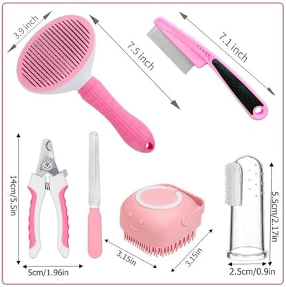 7 Pcs Cat Dog Brush Grooming Kits, Self-Cleaning Slicker Brush, Pet Nail Clipper and File, Flea Comb, Pet Shampoo Bath Brush, Pet Finger Toothbrush, Storage Bag (Pink) - Image 7