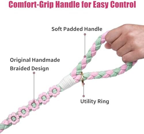 5FT Braided Cotton Rope Leash for Small, Medium and Large Dogs,Pink & Green Color - Image 3