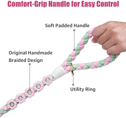 5FT Braided Cotton Rope Leash for Small, Medium and Large Dogs,Pink & Green Color - Image 3
