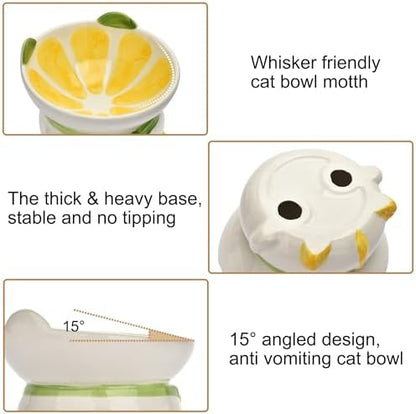 Ceramic Raised Cat Bowl for Indoor Cats,Elevated Cat Food Bowls Whisker Friendly,Anti Vomiting & Protect Pet's Spine,Cute Tilted Dish for Flat Faced Kitten (Orange Shaped) - Image 3