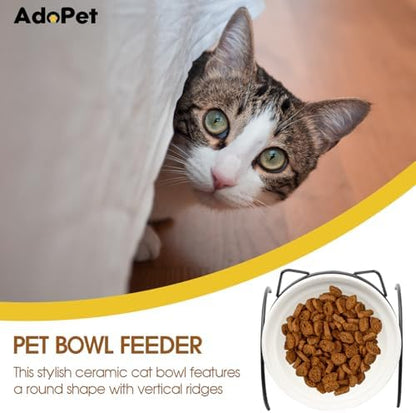 Elevated Ceramic Cat Bowl with Metal Stand – Non-Slip White Pet Food Tray with Herringbone Design Helps Reduce Neck Strain for Small and Medium Cats and Dogs - Image 4