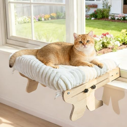 Woochpet Large Wooden Velvet Cat Window Perch Bed, White by WOOCHPET