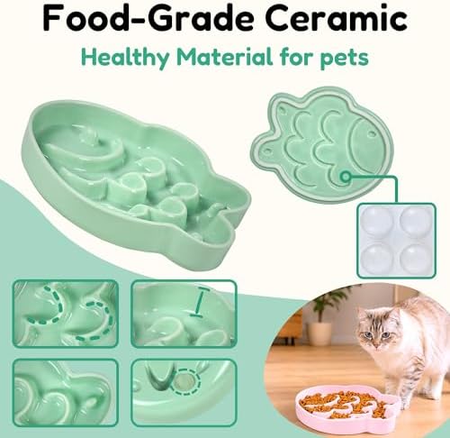 Ceramic Cat Slow Feeder Bowl - Shallow Whisker Friendly Cat Plate for Dry and Wet Food - Puzzle Feeder for Slow Eating - Helps Reduce Vomiting - Microwave & Dishwasher Safe -Non Slip(Green,6.3''W) - Image 4