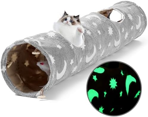 Cat Tunnels for Indoor Cats with Plush Toys Glows in The Dark Dog Cat Tunnel Tube Toys Photoluminescent for Indoor Cats Small Dogs Puppy Kitten Rabbit Bunny Ferret Pet Gray by Unknown
