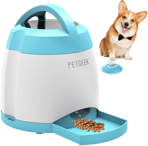 PETGEEK Automatic Dog Treat Dispenser, Interactive Pet Toy Food Dispensing for IQ Training, Dog Food Dispenser with Button Remote Push, Dual Power Supply for Indoor Outdoor Use, Blue by PETGEEK