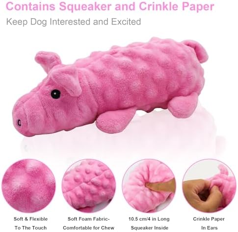 Andiker Dog Squeaky Toys, 10 in/24.5 cm Plush Dogs Toy Soft Dog Chew Toys in Pig Shape for Chewing Biting, Stuffed Puppy Toys with a 9.5 cm Squeaker and Crinkle Paper for All Breed Sizes Dogs (Pink) - Image 4