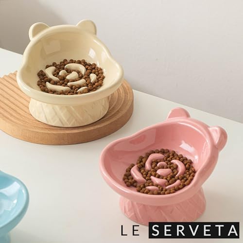 Winnie The Pooh Series Ceramic Slow Feeder Cat Bowl, Raised Anti-Gulping Design with Bear Ears, Pastel Colors, Quilted Pattern Base (Creamy Yellow) - Image 6
