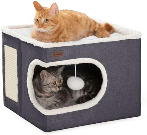 Garnpet Cat Bed for Indoor Cats Cube House, Covered Cat Cave Beds & Furniture with Scratch Pad and Hideaway Tent, Cute Modern Cat Condo for Multi Small Pet Large Kitten Kitty, Dark Grey by Garnpet