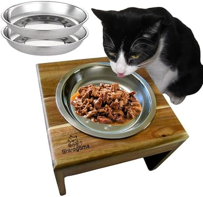 Raised Cat Bowls, 6.25 in Wide, 6" Elevated Cat Feeding Stand (with 2 Stainless Steel Bowls: 12 oz/1.5 Cup), Small Dogs, Rabbits, Anti-Vomit, Whisker Friendly, 6 x 8 x 8 in, Acacia Wood by SHIROGOMA
