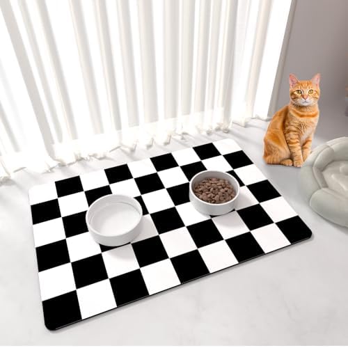 Cat Food Mat - 12"x 20" Cat Dog Mats for Food and Water Bowl, Checkered Pet Placemat Feeding Mat, Non-Slip Under Pet Bowls Mats for Messy Drinkers, Black & White by BLESWIN