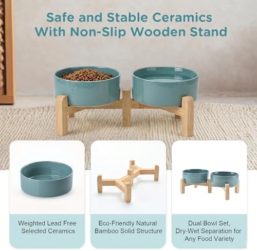 SPUNKYJUNKY Elevated Dog Bowls Ceramic, 5.1'' Dogs and Cat Food Water Bowls Raised with Non-Slip Bamboo Stand for Puppy Small Sized Breed Microwave Dishwasher Safe - 13.5 OZ,Dark Green - Image 6