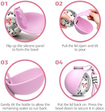 Portable Dog Water Bottle for Walking, 10oz Stainless Steel Pet Water Dispenser with Foldable Silicone Bowl, Leak-Proof Puppy Water Bottle for Small Dogs&Cats,Travel Hiking Outdoor Use(Pink Bow Print) - Image 5