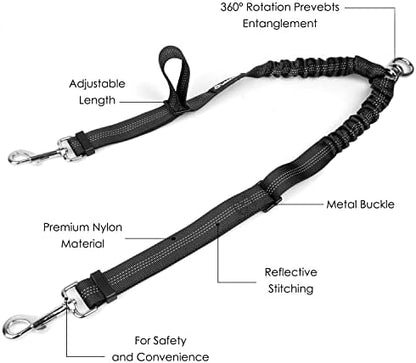 AUTOWT Double Dog Leash, No Tangle 360°Swivel Rotation Reflective Lead Attachment Adjustable Length Dual Two Dogs Lead Splitter, Comfortable Shock Absorbing Walking Training for 2 Dogs - Image 6