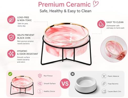 Dazzling Ceramic Elevated Cat Bowls, Gift for Cat Owner, Birthday (Medium,Pink) - Image 5