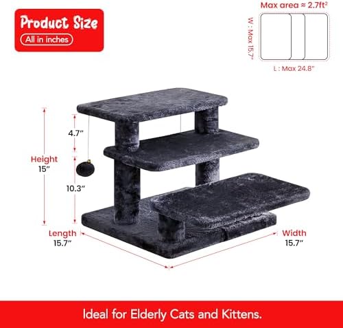 15''H Multi-Step Pet Stairs for High Beds & Sofas, 3-Step Cat Stairs with 2 Toy Balls, Wide Boards for Indoor Kittens Dogs Pets Climbing, Smoky Grey - Image 6