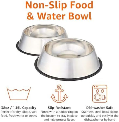 Amazon Basics Stainless Steel Non-Skid Dog Water And Food Bowls, Dishwasher Safe, Rust Resistant, 38oz Capacity, 10 x 2.8 Inches, 2-Pack - Image 3