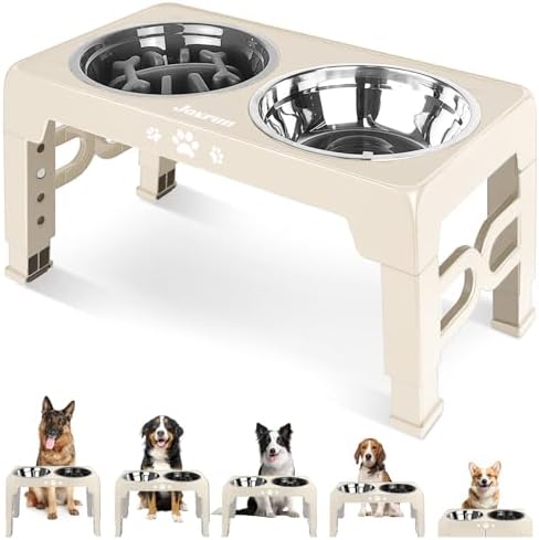 Jovrun Elevated Dog Bowls for Medium Large Size Dogs, Non-Slip Dog Feeder with 1*Stainless Steel Dishes & 1*Slow Feeder Bowl, 5 Heights Adjustable Raised Bowls to 3.15″-8.66″-9.84″-11.02″-12.2″ by Jovrun