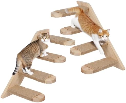 2 Pack 4 Steps Cat Wall Shelves, Wood Wall Mounted Stairs with Sisal Rope, Cat Climber/Ladder Furniture Climbing Shelves for Pet Perch & Play by Unknown