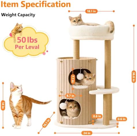 Modern Cat Tree for Indoor Small & Medium Cats, 36" Cat Tower with Scratching Posts, 2 Cozy Cat Caves, Top Perch, Dangling Balls, Washable Cushions, Space-Saving Cat Condo, Brown - Image 5