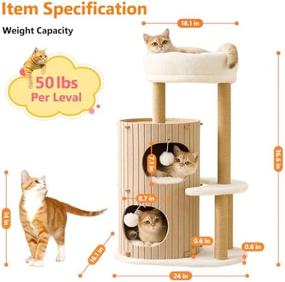 Modern Cat Tree for Indoor Small & Medium Cats, 36" Cat Tower with Scratching Posts, 2 Cozy Cat Caves, Top Perch, Dangling Balls, Washable Cushions, Space-Saving Cat Condo, Brown - Image 5